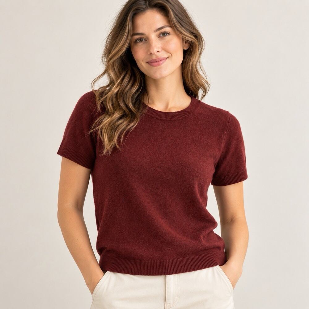 Quince 100% Mongolian Cashmere Tee Rich Burgundy M NWOT Short Sleeve Sweater